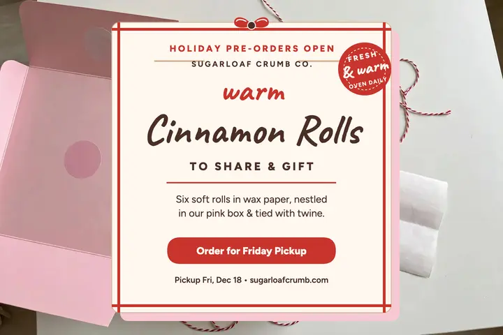 Sugarloaf Crumb holiday cinnamon roll postcard template