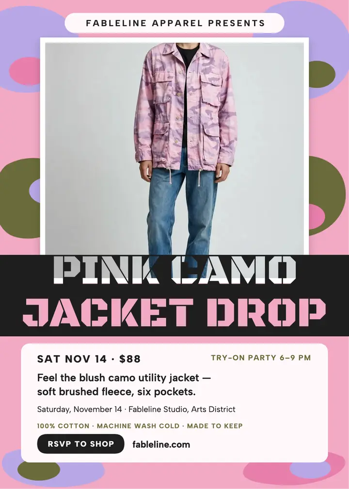 Fableline blush camo jacket drop invitation template