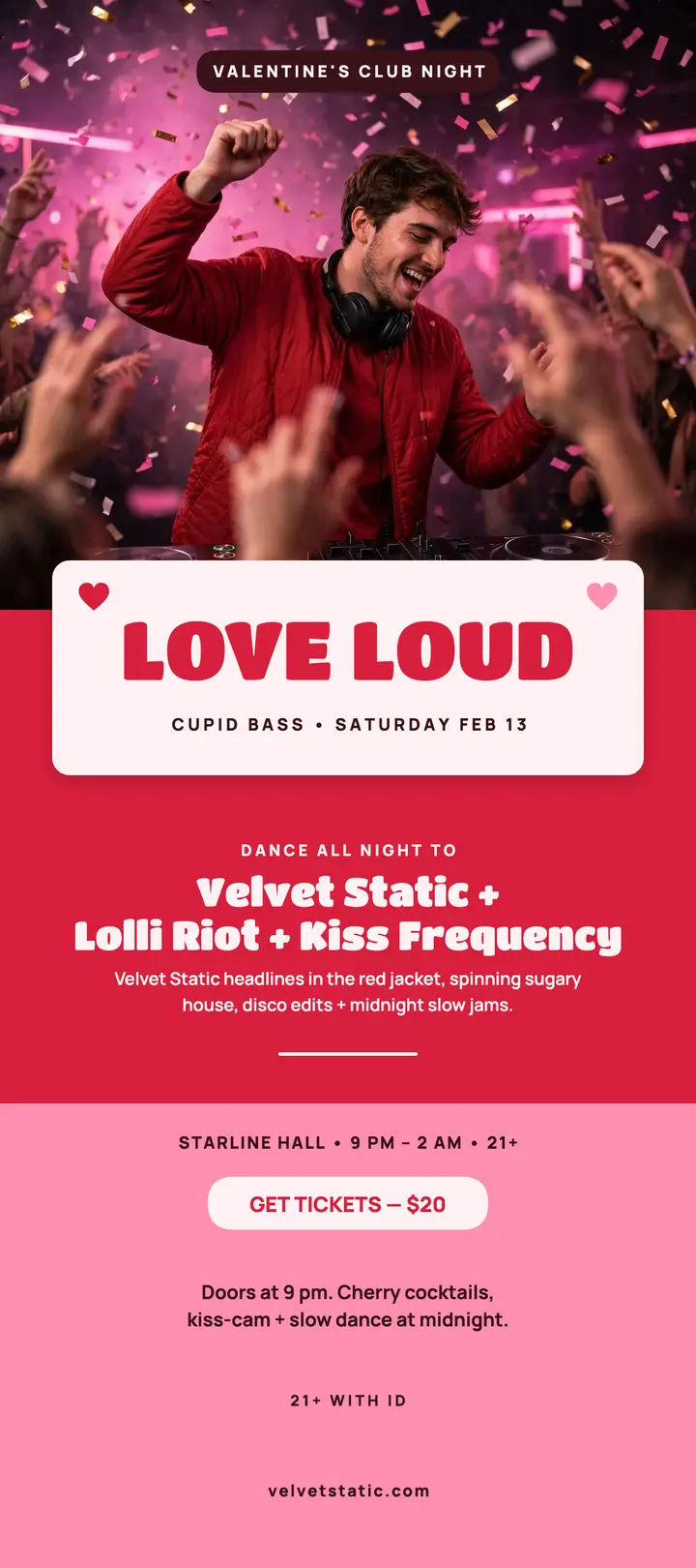 Velvet Static Valentine's club night rack card template