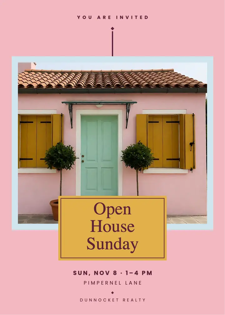 Pink cottage open house invitation, storybook symmetry template