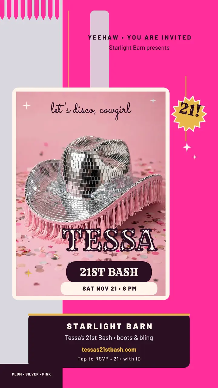 Tessa's 21st disco cowgirl story invite template