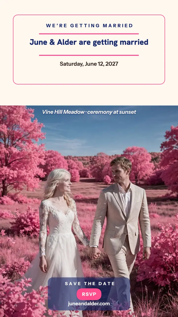 June and Alder pink field wedding story template