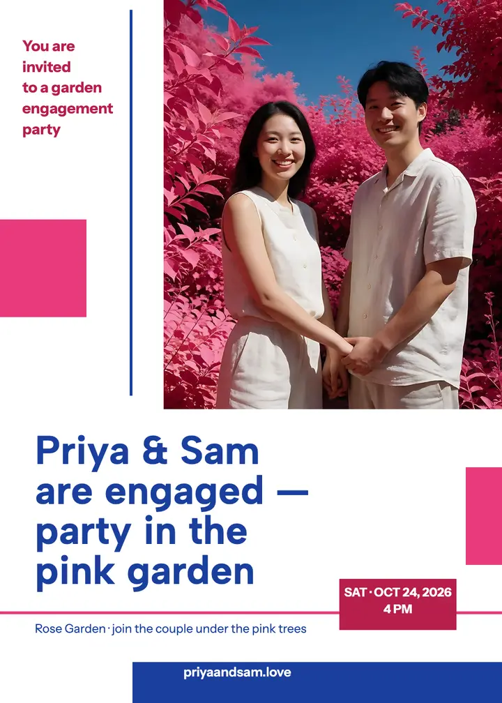 Priya and Sam pink garden engagement invitation template