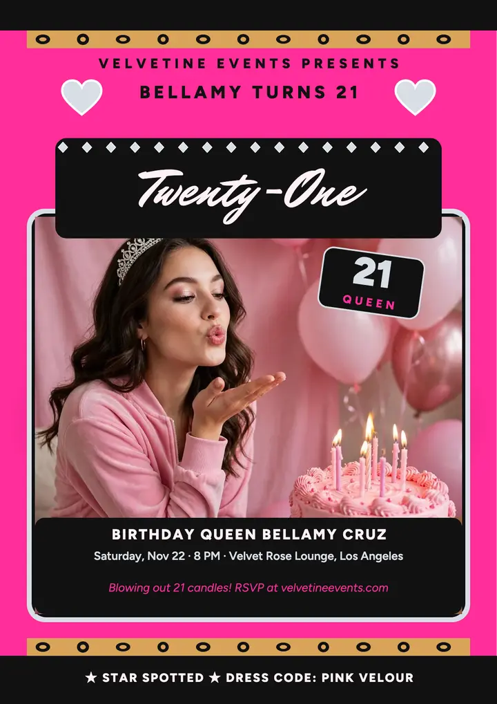 Bellamy Cruz pink glam 21st birthday flyer: birthday flyer template