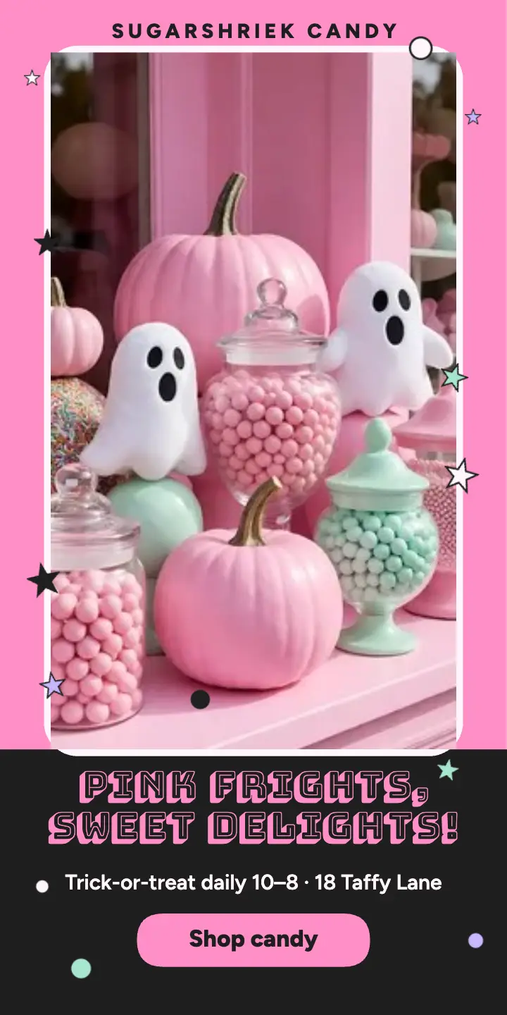 Sugarshriek pink Halloween candy ad: halloween candy ad template