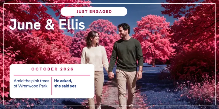 June and Ellis pink park engagement post: engagement announcement post template