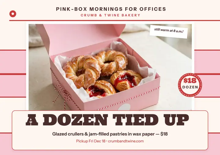 Crumb and Twine pink dozen box flyer template