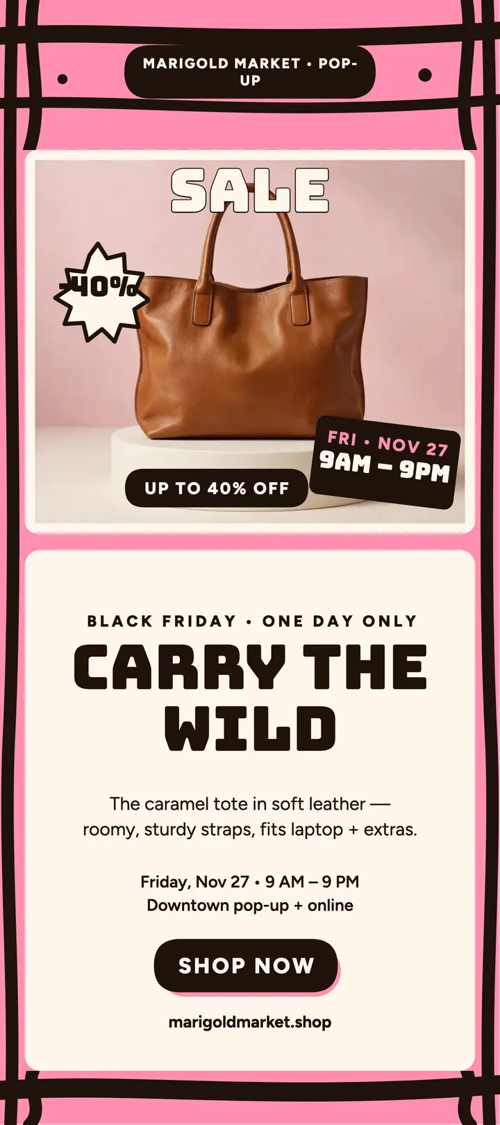 Marigold Market Black Friday handbag sale rack template