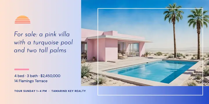 Pink villa with pool listing, city pop template