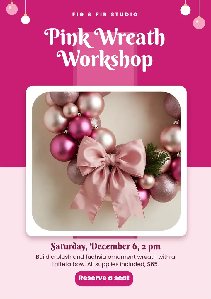 Pink Christmas wreath workshop flyer template