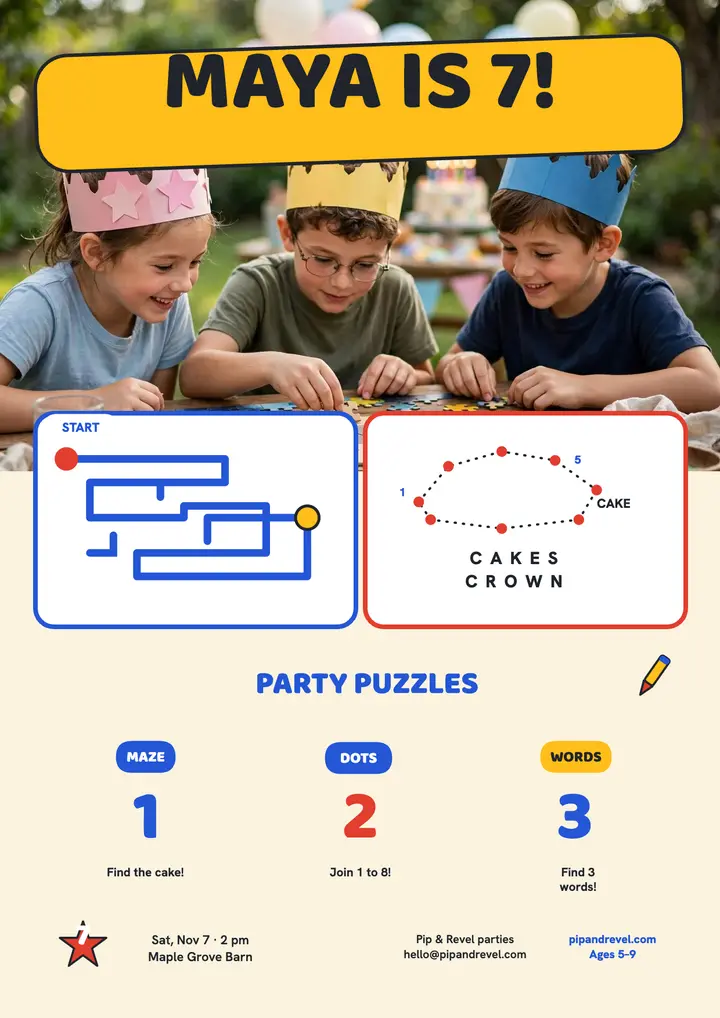 Maya turns 7 party activity flyer: birthday activity sheet template