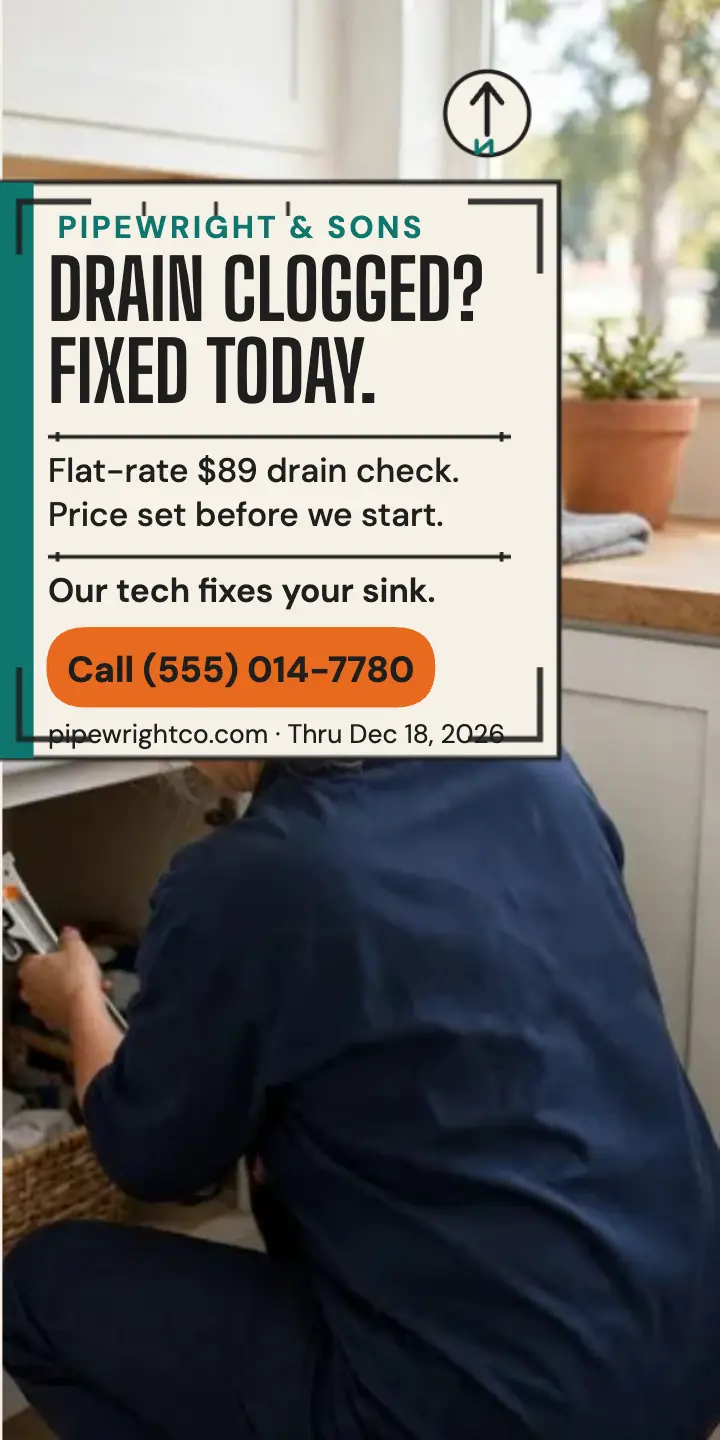Pipewright drain fix flat rate ad: plumber half page ad template