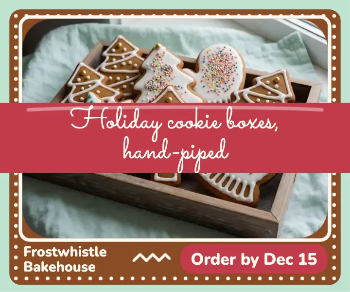 Frostwhistle hand-piped holiday cookie boxes ad template