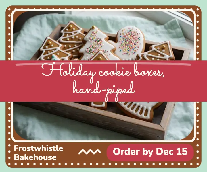 Frostwhistle hand-piped holiday cookie boxes ad template