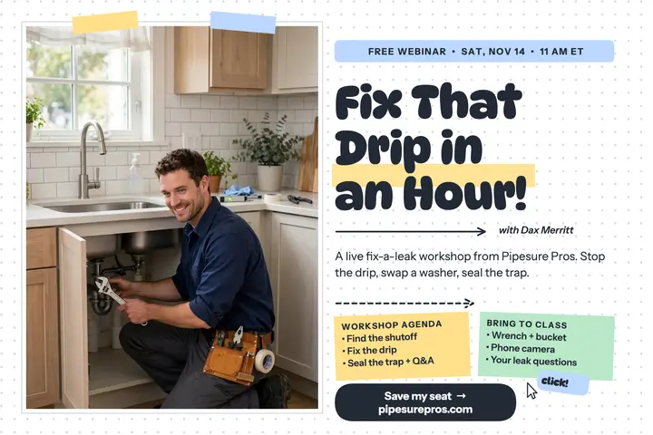 Pipesure fix-a-leak workshop postcard: plumber webinar postcard template