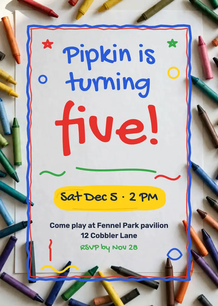 Pipkin fifth birthday crayon invitation template