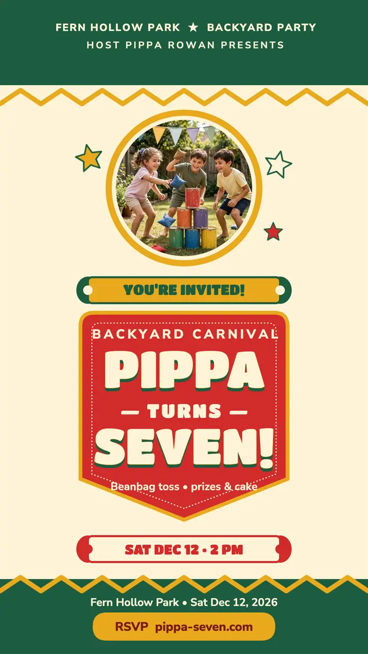 Pippa turns seven carnival story invite template