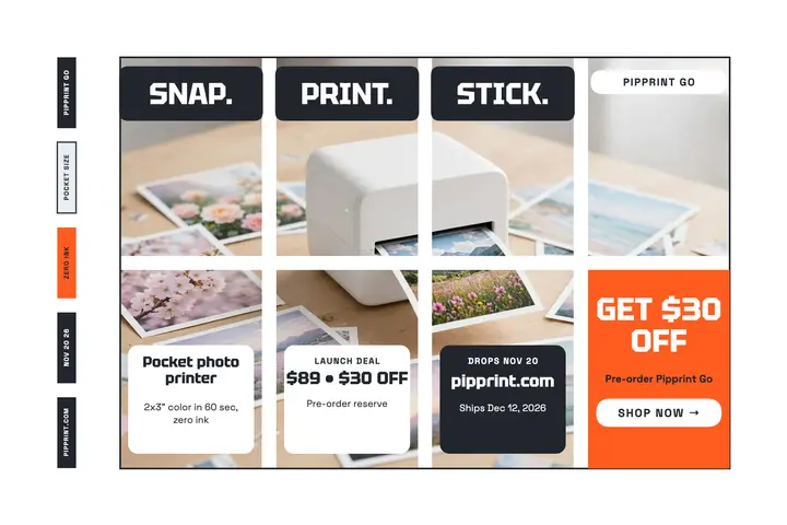Pipprint Go pocket printer launch postcard template