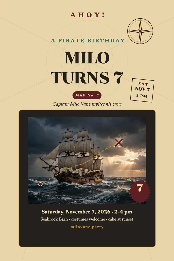 Milo's pirate birthday galleon poster: pirate birthday poster template