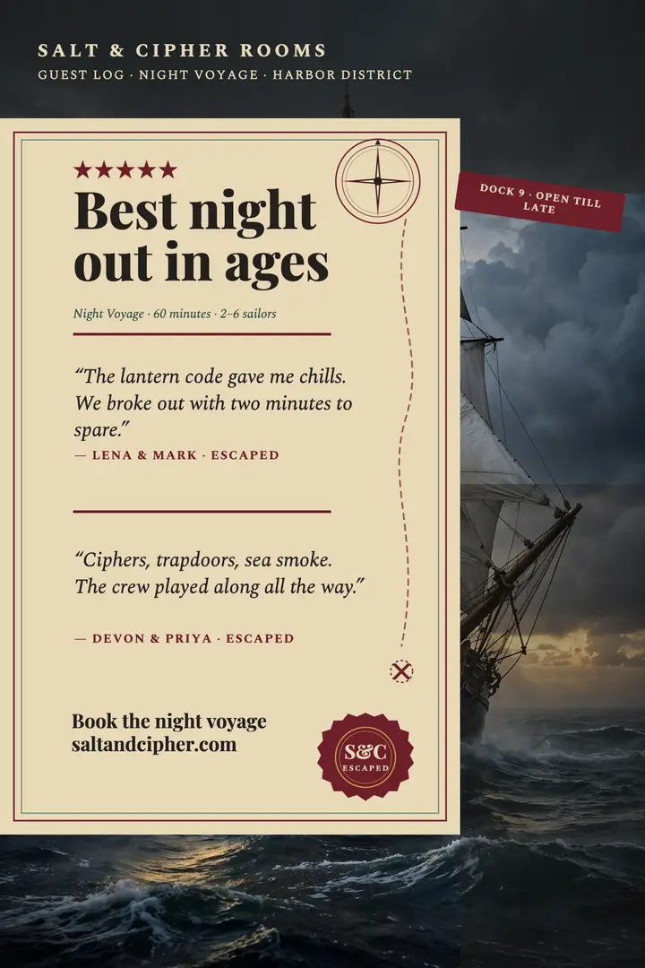 Salt and Cipher pirate escape review poster template