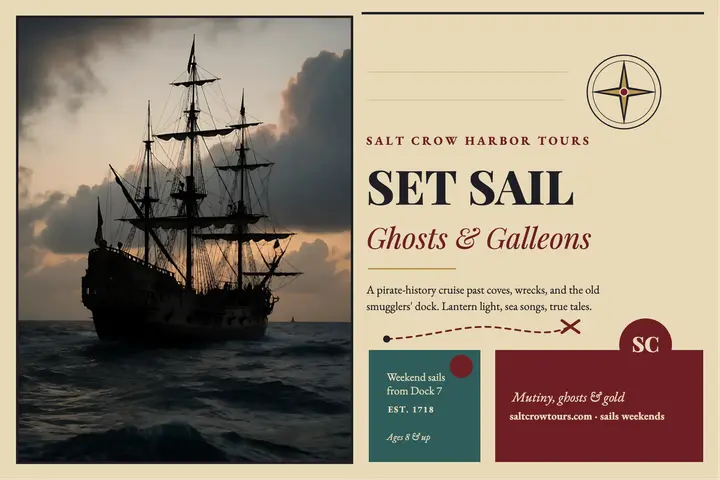 Saltcrow pirate harbor tour postcard template