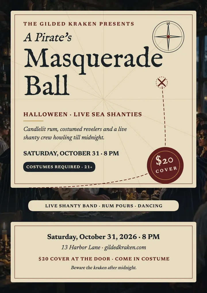 Gilded Kraken pirate masquerade ball flyer template