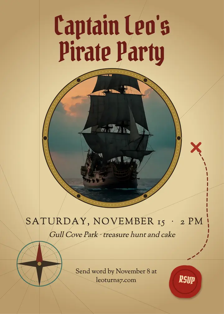 Captain Leo pirate party invitation: pirate birthday party invitation template
