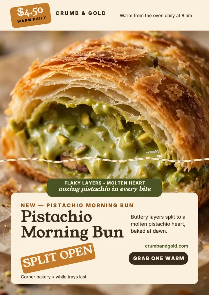 Crumb and Gold pistachio bun launch flyer template