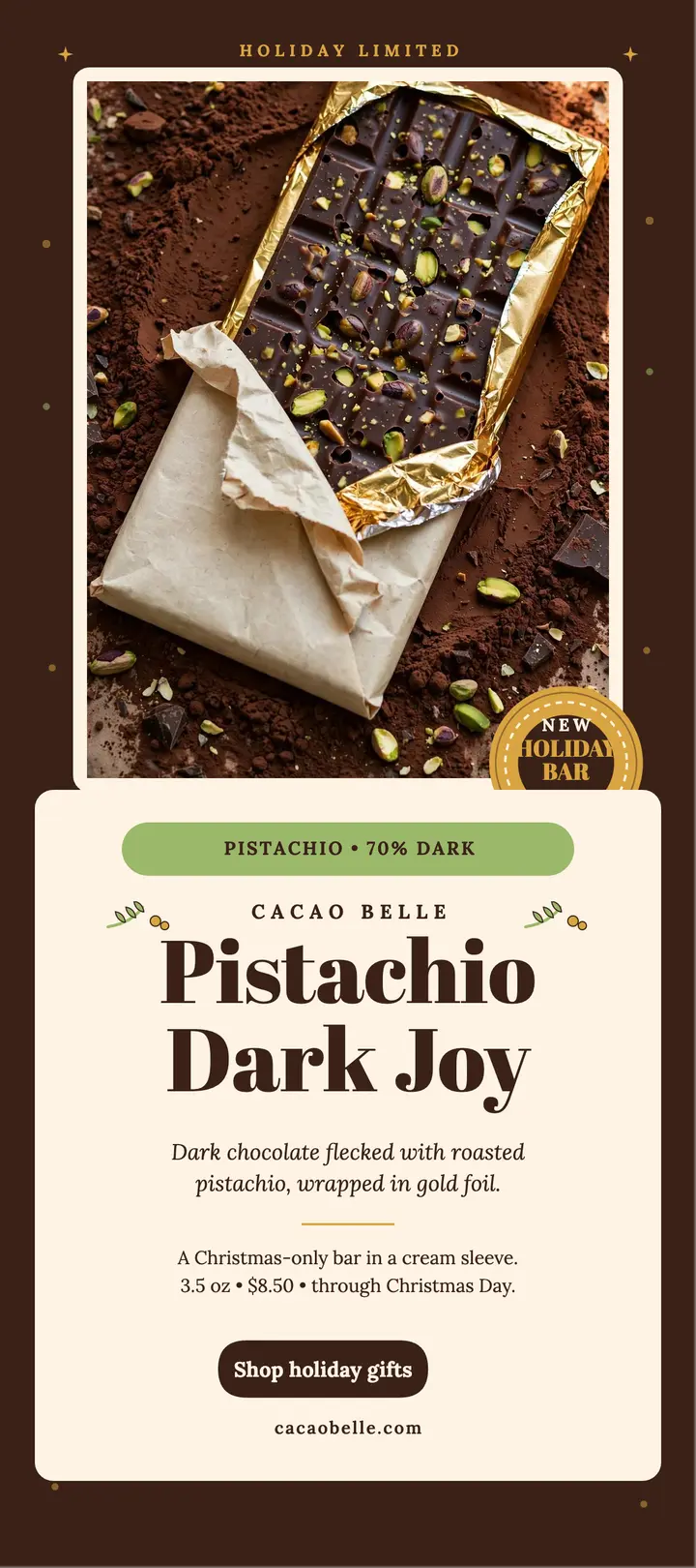 Cacao Belle Pistachio Dark Joy holiday rack card template