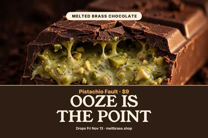 Melted Brass pistachio bar launch postcard template