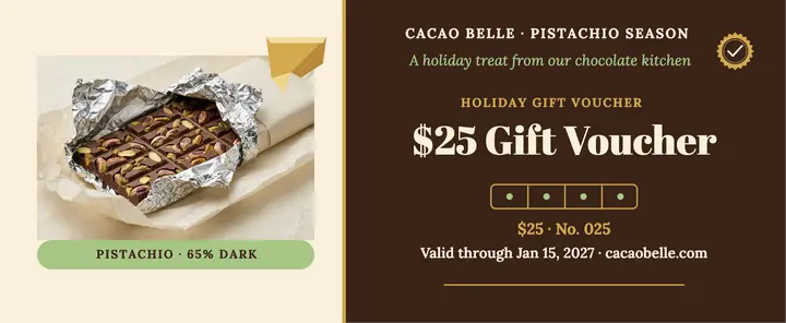 Cacao Belle pistachio voucher template