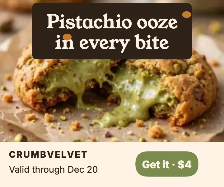 Crumbvelvet pistachio cookie cut-open ad template