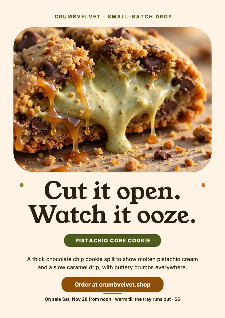 Crumbvelvet pistachio cookie drop flyer template
