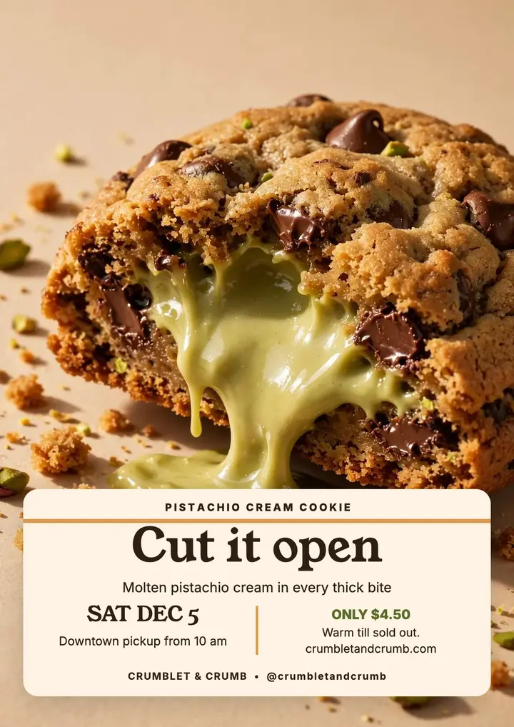 Crumblet and Crumb pistachio cookie drop flyer: pistachio cookie flyer template