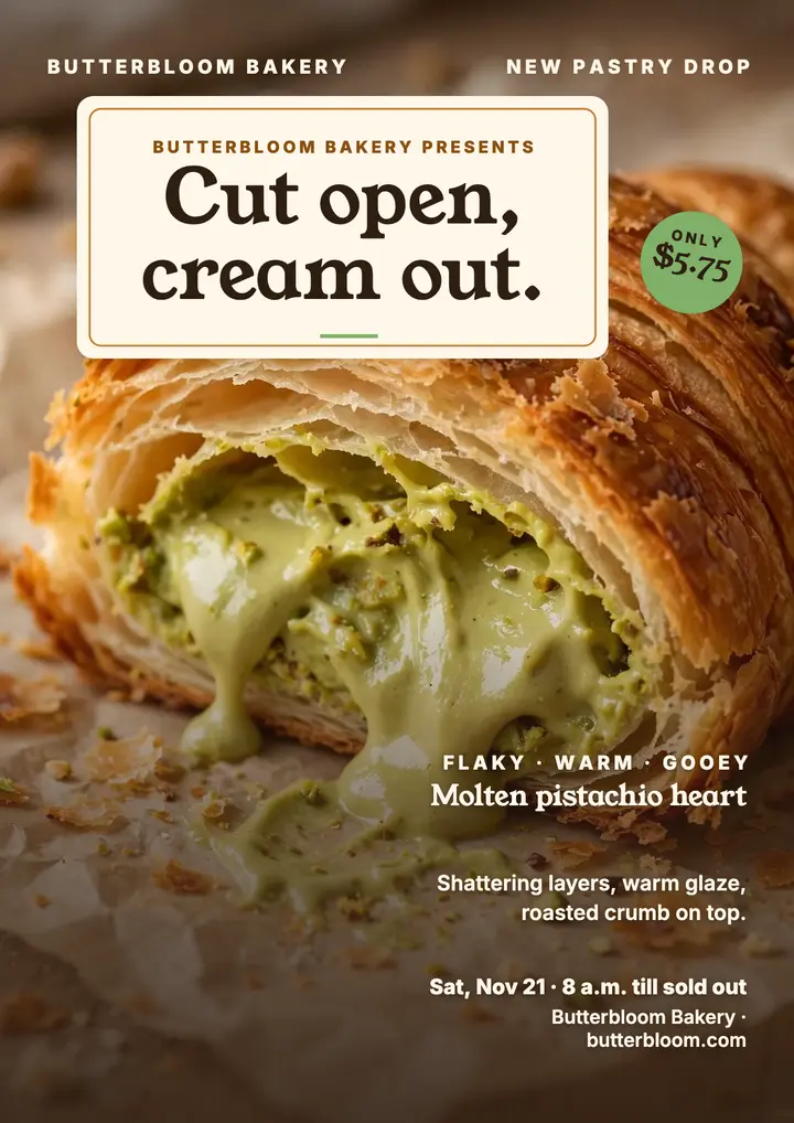 Butterbloom pistachio croissant cut-open flyer template