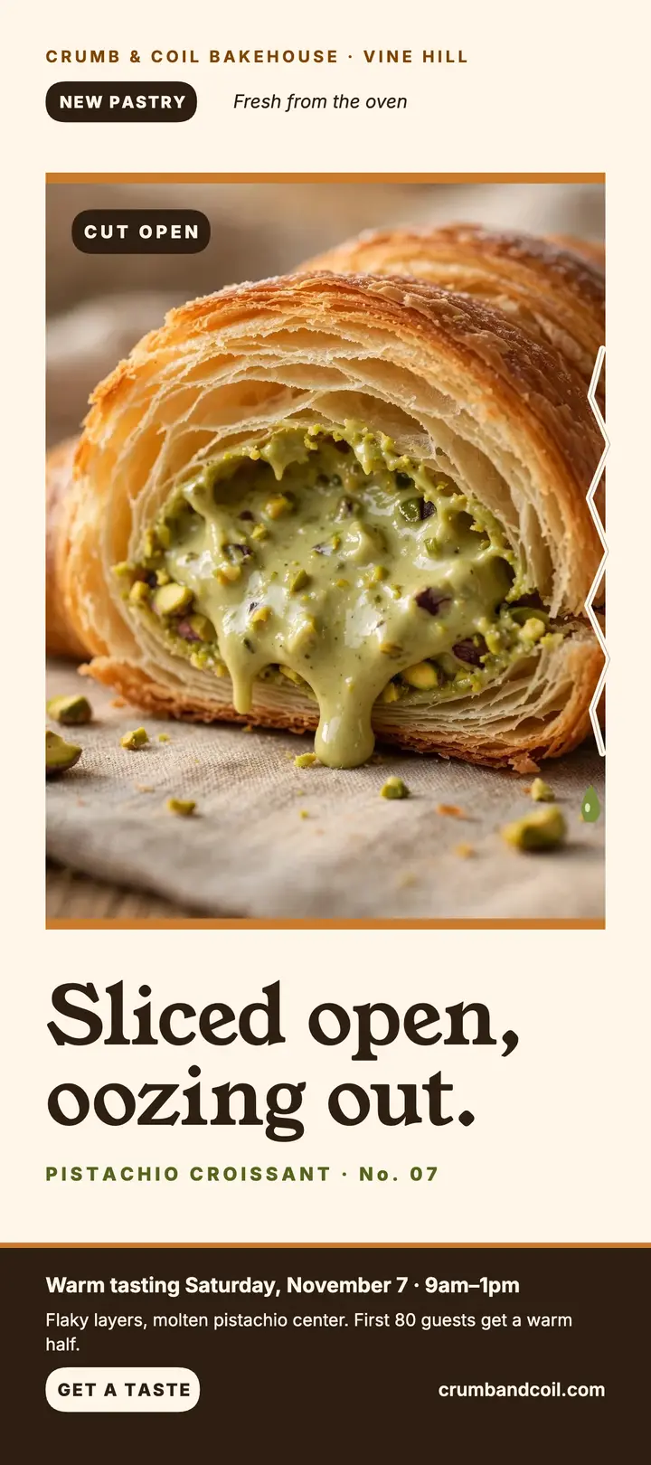 Crumb and Coil pistachio croissant rack card: pistachio croissant launch template