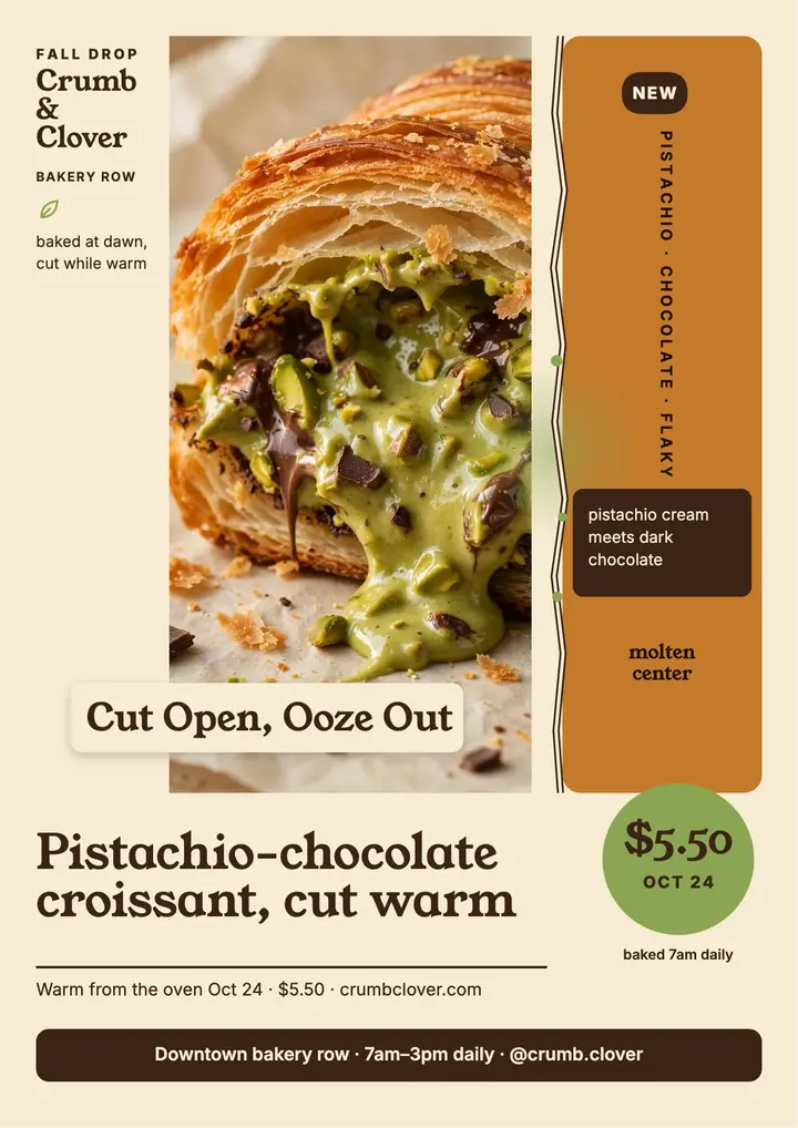 Crumb and Clover croissant drop flyer template