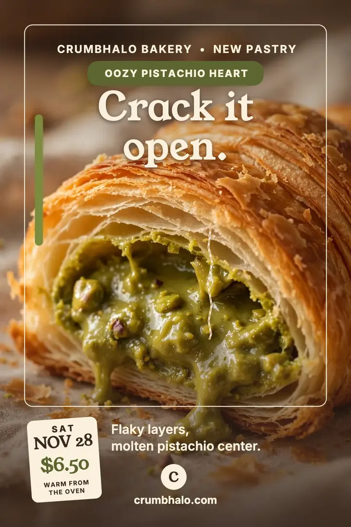 Crumbhalo pistachio croissant reveal poster template