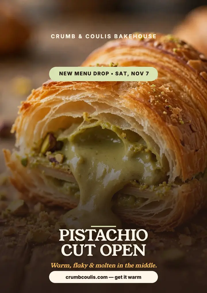 Pistachio croissant drop flyer template