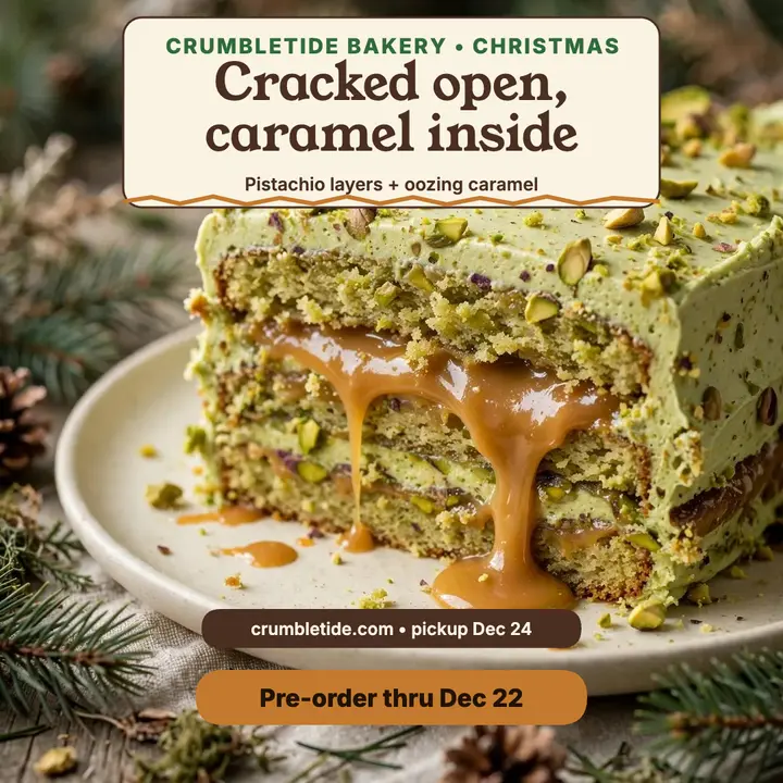 Crumbletide pistachio Christmas cake post: holiday cake pre-order post template