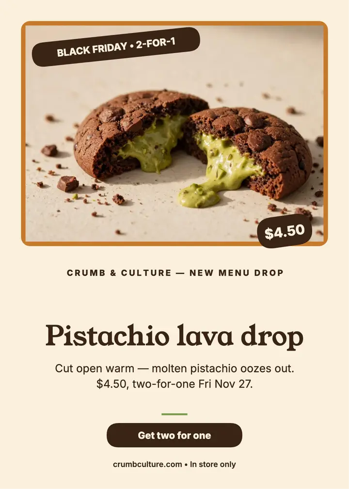 Pistachio Lava Cookie Drop Card: pistachio cookie sale card template