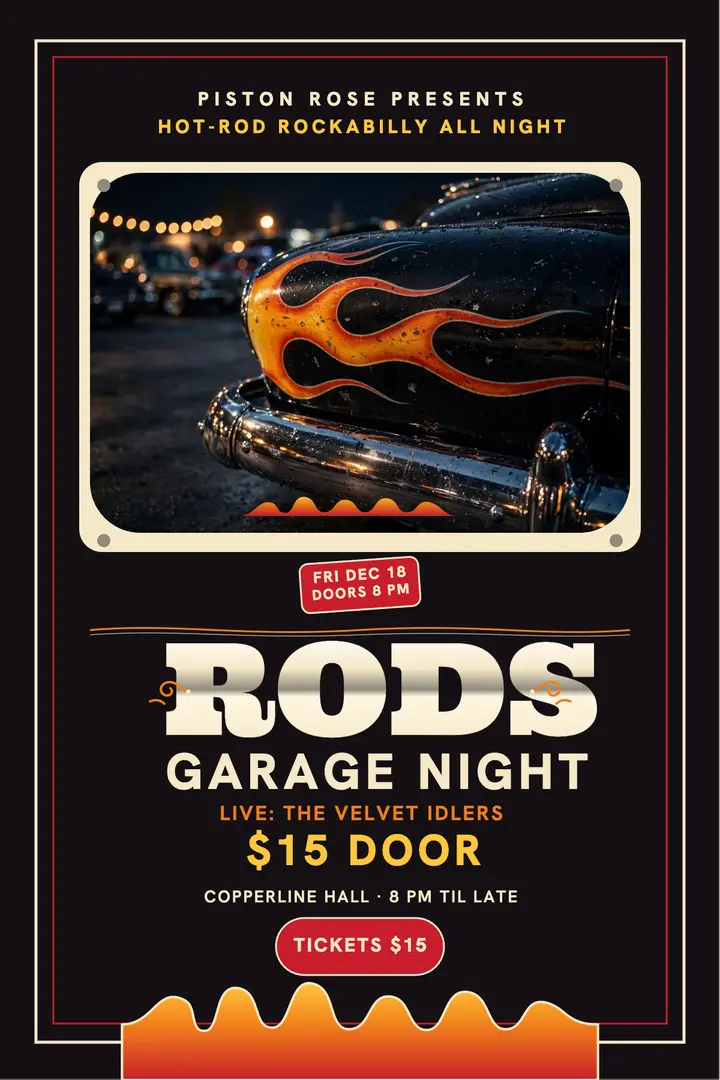 Piston Rose garage night poster: rockabilly garage night poster template