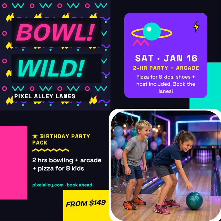 Pixel Alley bowling birthday party post template