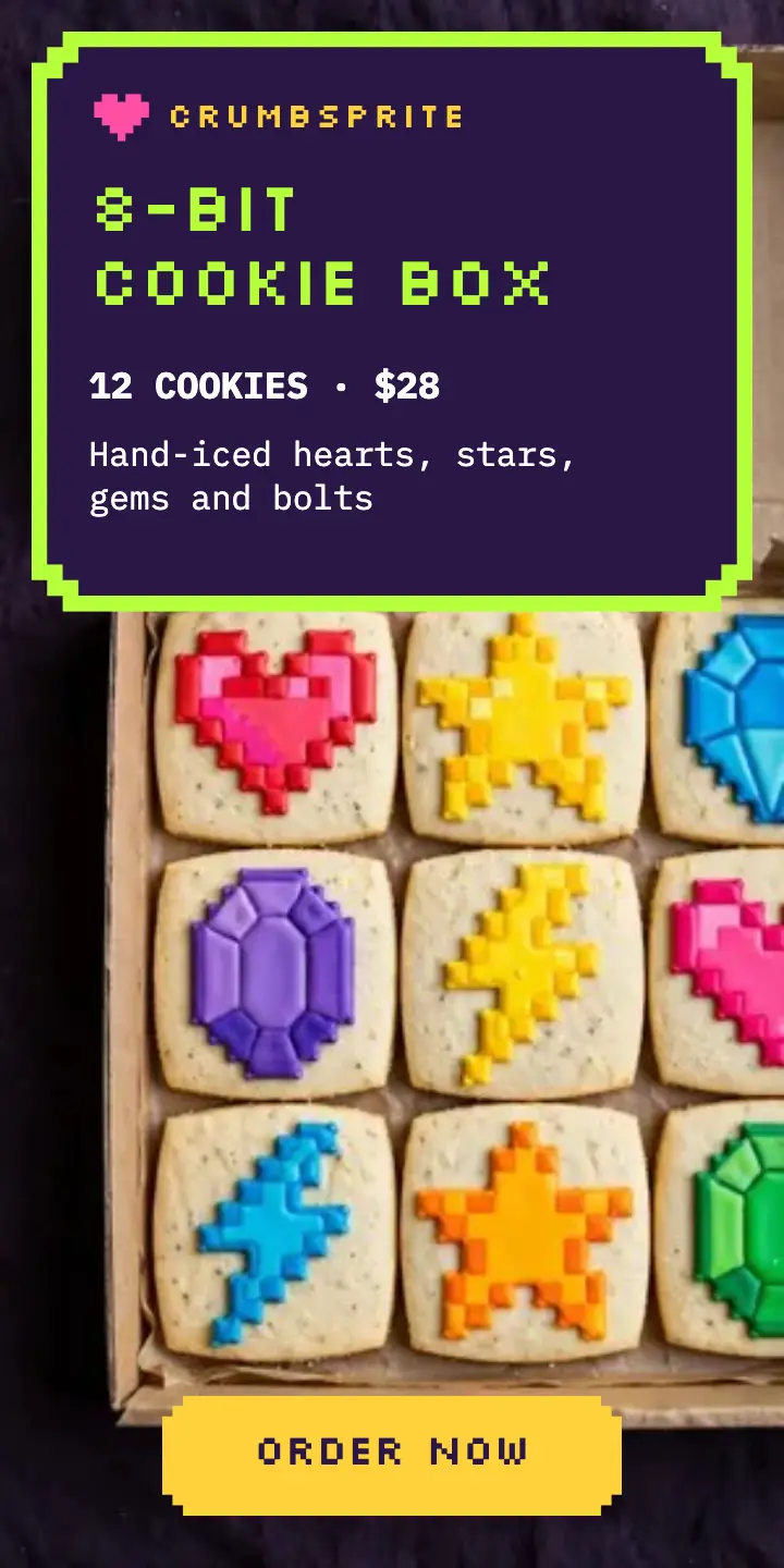 Crumbsprite 8-bit cookie box ad template