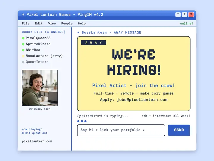 Pixel Lantern Games hiring away-message slide template