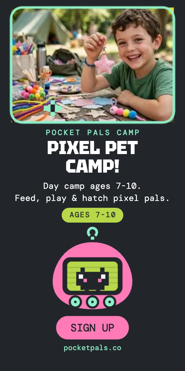 Pocket Pals pixel pet camp half page ad template