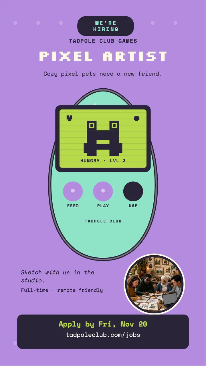 Tadpole Club pixel artist hiring story template
