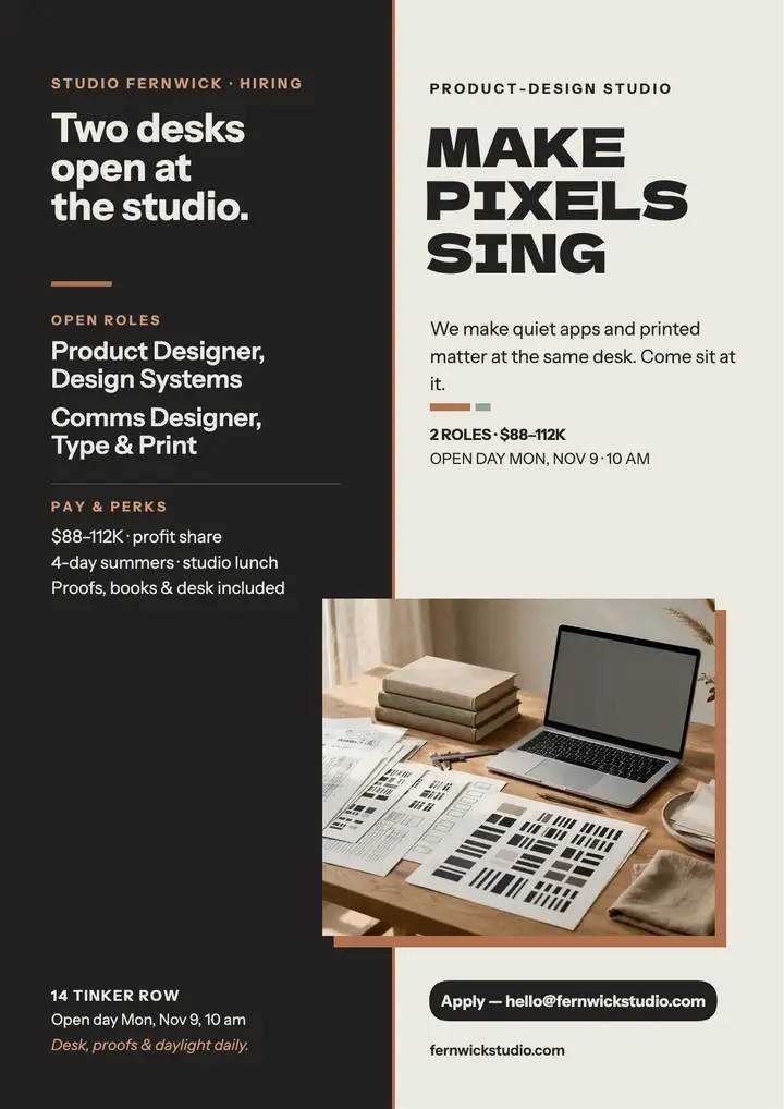 Studio Fernwick pixel hiring flyer template