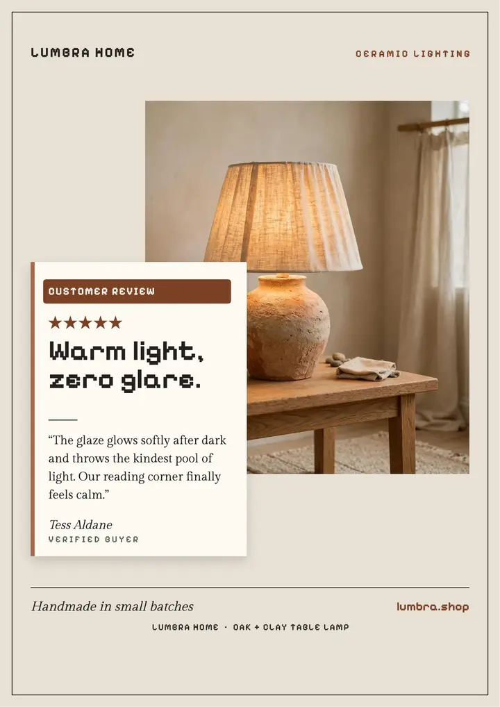 Lumbra lamp review card, pixel serif template