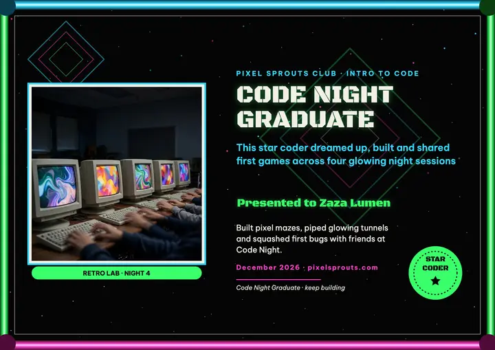 Pixel Sprouts code night graduate certificate template